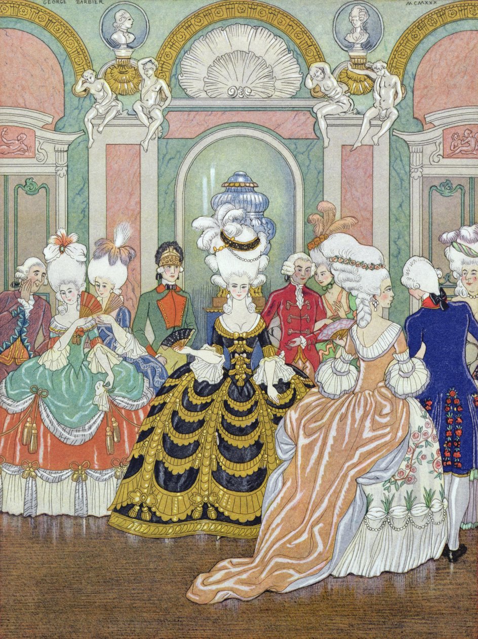 舞厅场景，来自 Pierre Choderlos de Laclos (1741-1803) 1930 年《Les Liaisons Dangereuses》的插图（pochoir print） 作者 乔治理发师