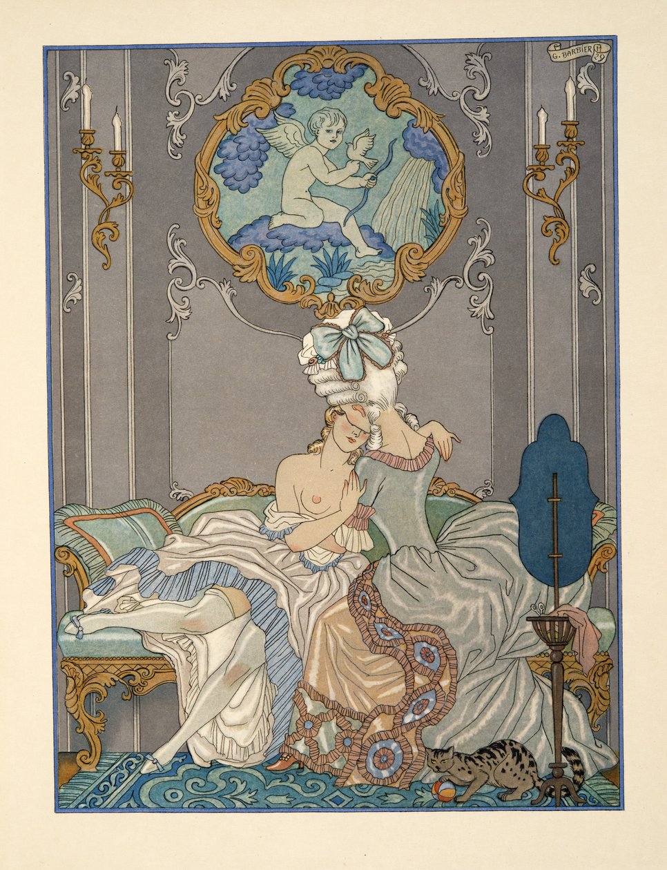 Pierre Choderlos de Laclos（1741-1803）酒吧《危险关系》中的卧室场景。 1934 年（模板印刷） 作者 乔治理发师