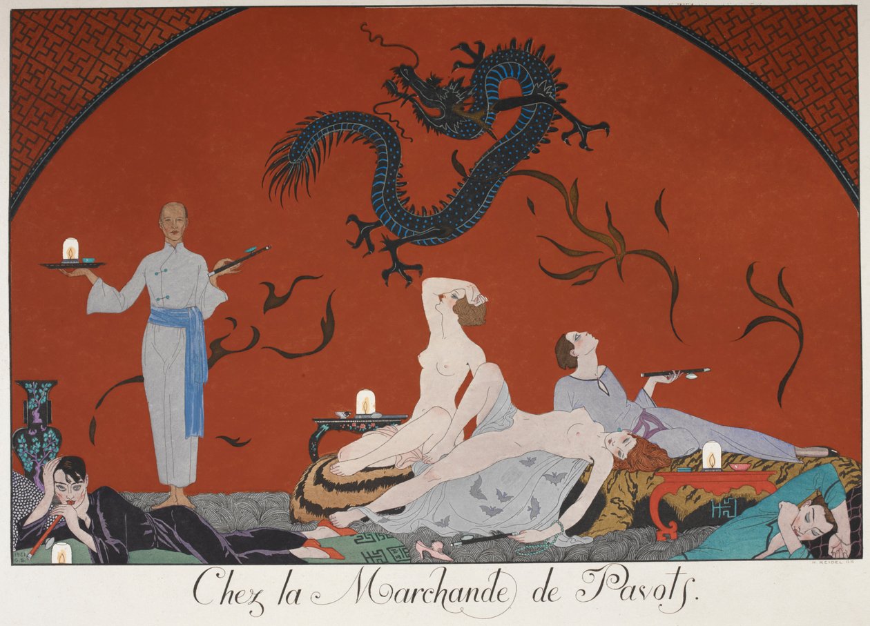 Chez la Marchande de Pasots。 人们，有些赤身裸体，躺在房间里。 中式装饰。 作者 乔治理发师