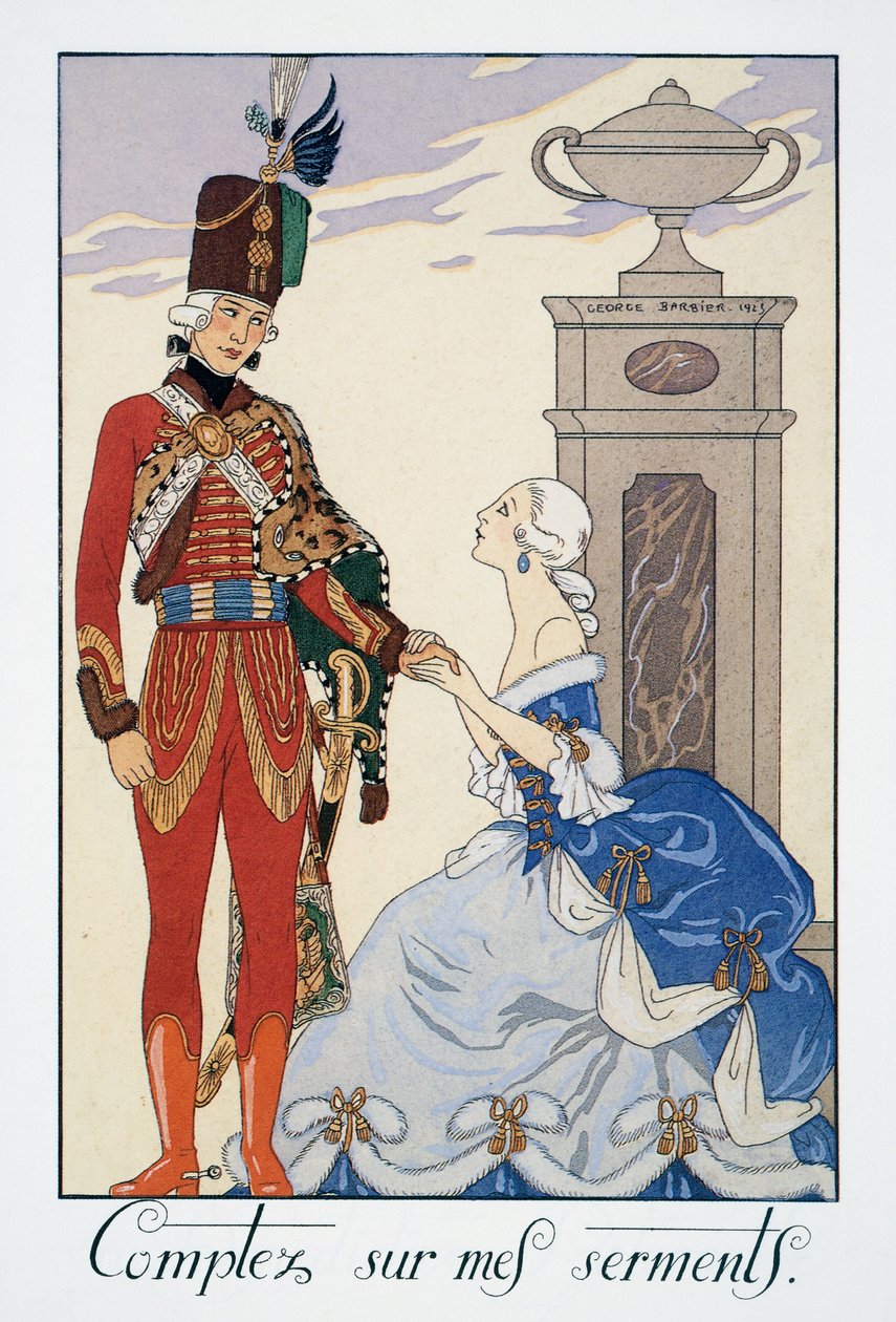 相信我的誓言（我会忠实于你），匈牙利骠骑兵，乔治·巴比尔（George Barbier，1882-1932 年）石版画，出自《Falbalas et Fanfreluches》、《Almanach des Modes Presentes、Passees et Futures》 作者 乔治理发师