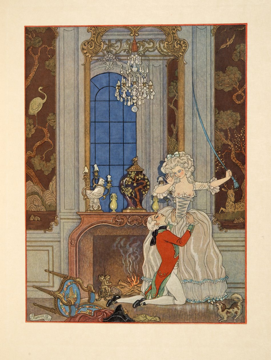 Danceny 向 Cecile 表白，插图选自 Pierre Choderlos de Laclos（1741-1803 年）的《Les Liaisons Dangereuses》，1934 年出版。1934 年（pochoir 印刷品） 作者 乔治理发师