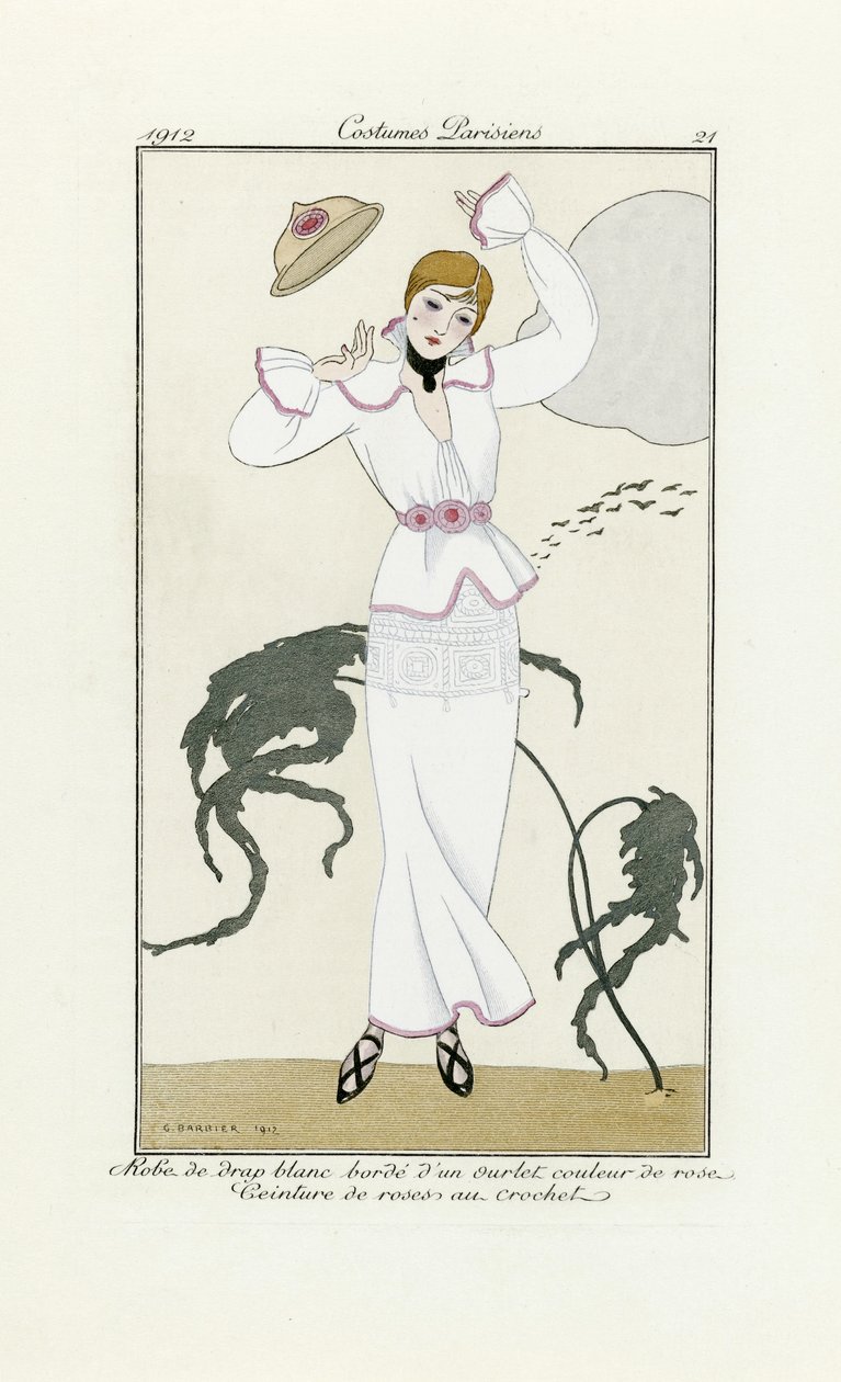 带粉色镶边和钩织腰带的白色连衣裙设计，选自《巴黎服饰》，1912 年出版（pochoir 印花）。 作者 乔治理发师