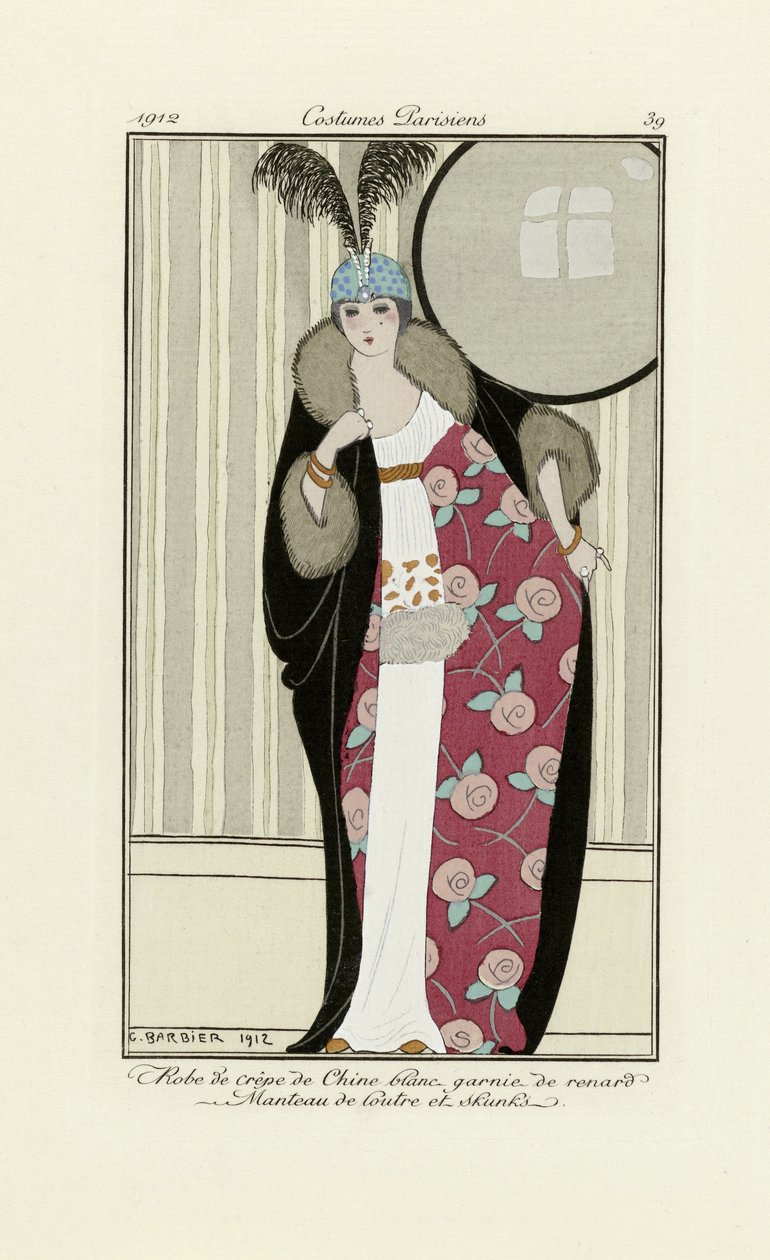 由双绉和毛皮大衣制成的连衣裙设计，来自 Costumes Parisien，pub.1912（pochoir 印花） 作者 乔治理发师