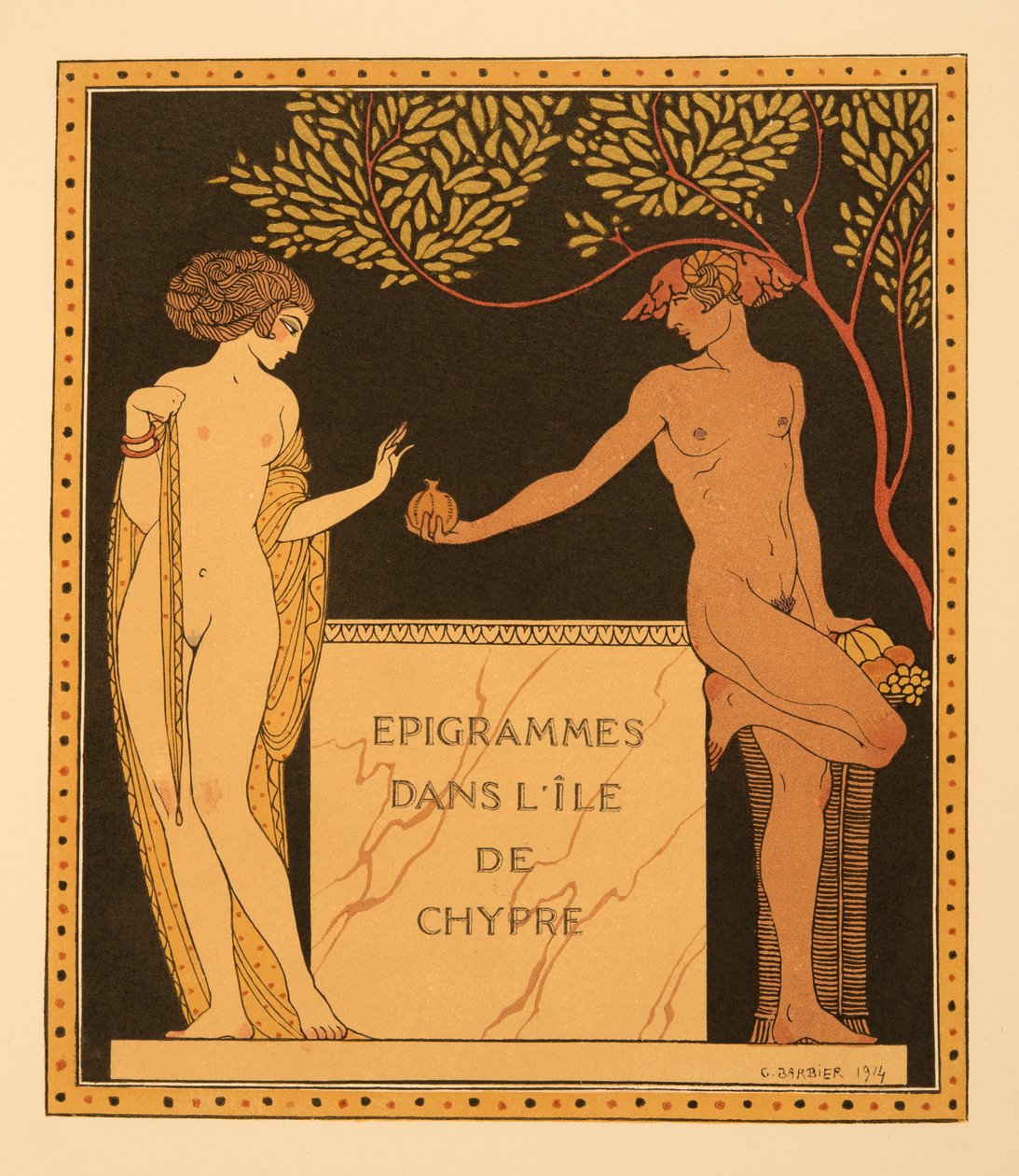 塞浦路斯岛上的警句，插图来自 Les Chansons de Bilitis，作者 Pierre Louys，酒吧。 1922 年（模板印刷） 作者 乔治理发师
