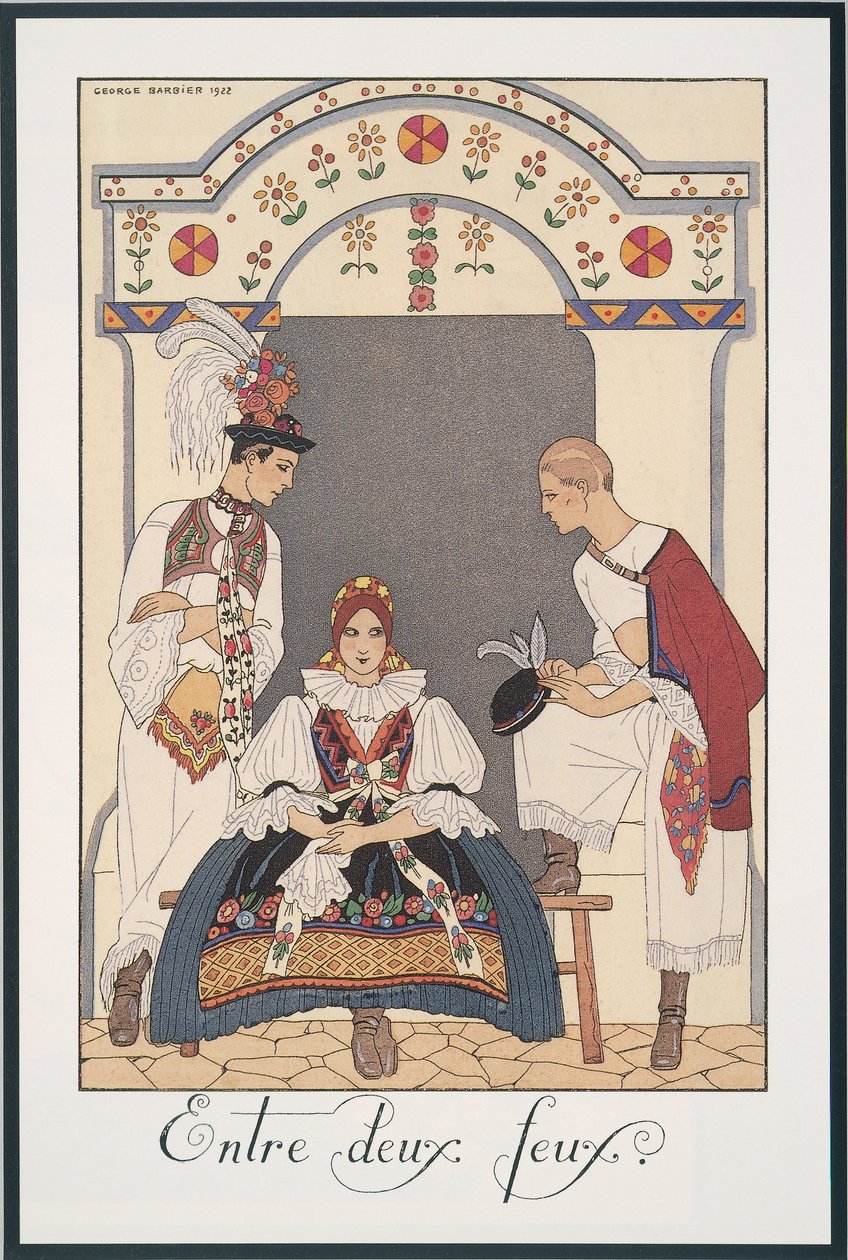 Falbalas 和 Fanfreluches，1923 年年历，两场大火之间，乔治·巴比尔 (George Barbier) 印刷，印刷 作者 乔治理发师