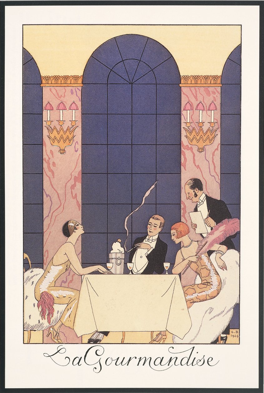 Falbalas 和 Fanfreluches，1925 年年鉴：“La gourmandise”，乔治·巴比尔 (George Barbier) 印刷，印刷 作者 乔治理发师