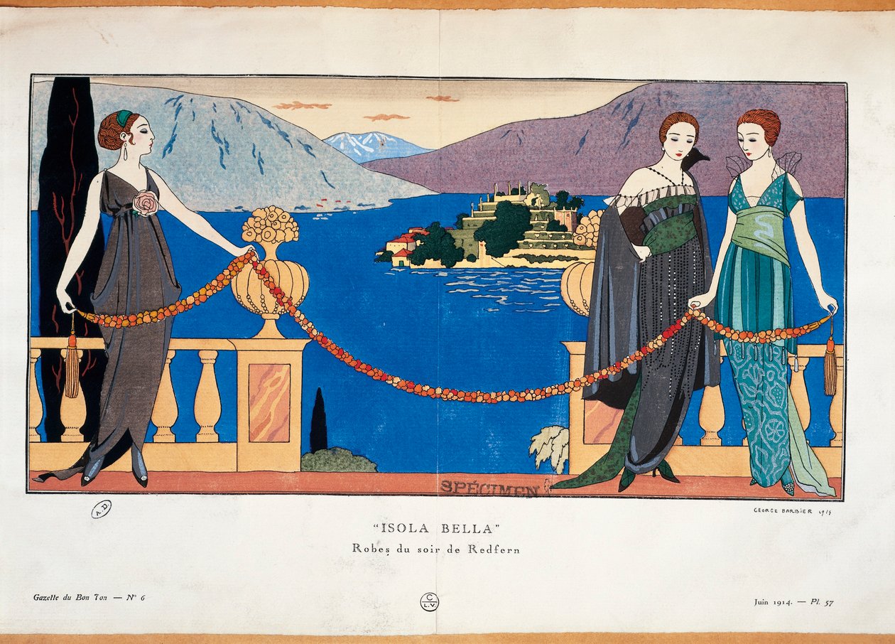 乔治·巴比尔 (Georges Barbier) 设计的时尚版画，背景为《巴黎高级时装杂志 Gazette du Bon Ton》，描绘身着 Redfern 晚礼服的女士和博罗梅安·伊索拉·贝拉 (Borromean Isola Bella) 作者 乔治理发师