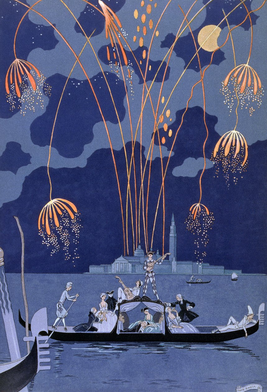 威尼斯烟花，Paul Verlaine (1844-96) 1924 年为“Fetes Galantes”绘制的插图（pochoir 印刷品） 作者 乔治理发师