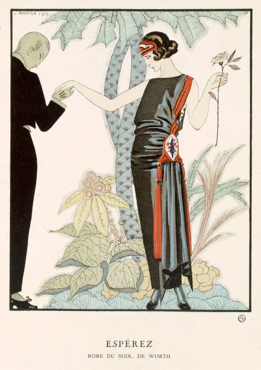 "Gazette du Bon Ton"；Esperez，Worth 设计的晚礼服，约 1920 年（彩色石版画） 作者 乔治理发师