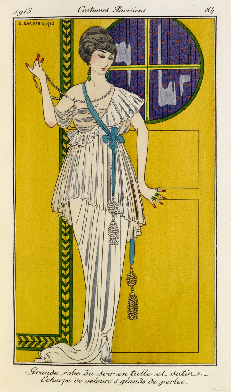 Grande robe du soir en tulle et satin.Echarpe de velours à glands de perles.女子身着白色缎面薄纱晚礼服，头戴蓝色珍珠流苏天鹅绒围巾和珍珠项链。巴黎服饰》第 37 期。 作者 乔治理发师