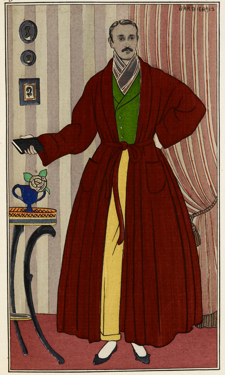 穿着晨衣的男人。 乔治·巴比尔（George Barbier，1882-1932）绘制的插图，摘自《贵妇与时尚杂志》。 巴黎，1912 年至 1914 年。 大英图书馆机构，参考书架标记 ID：P.P.5242.dc，pl.96，第 16 页对面。穿着更衣室的男子 作者 乔治理发师