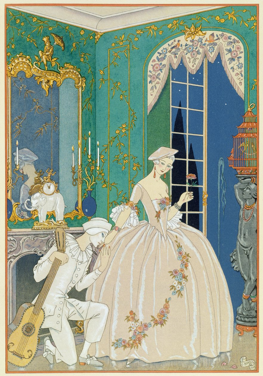 保罗-魏尔伦（Paul Verlaine，1844-96 年）1923 年创作的《Fetes Galantes》插图（pochoir 印刷品） 作者 乔治理发师