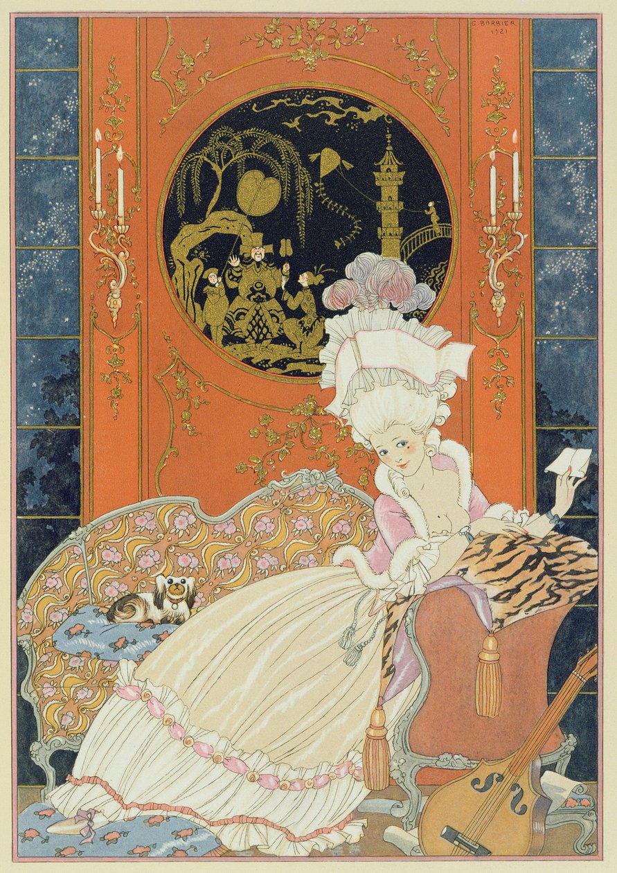 保罗-魏尔伦（Paul Verlaine，1844-96 年）1928 年创作的《Fetes Galantes》插图（pochoir 印刷品） 作者 乔治理发师
