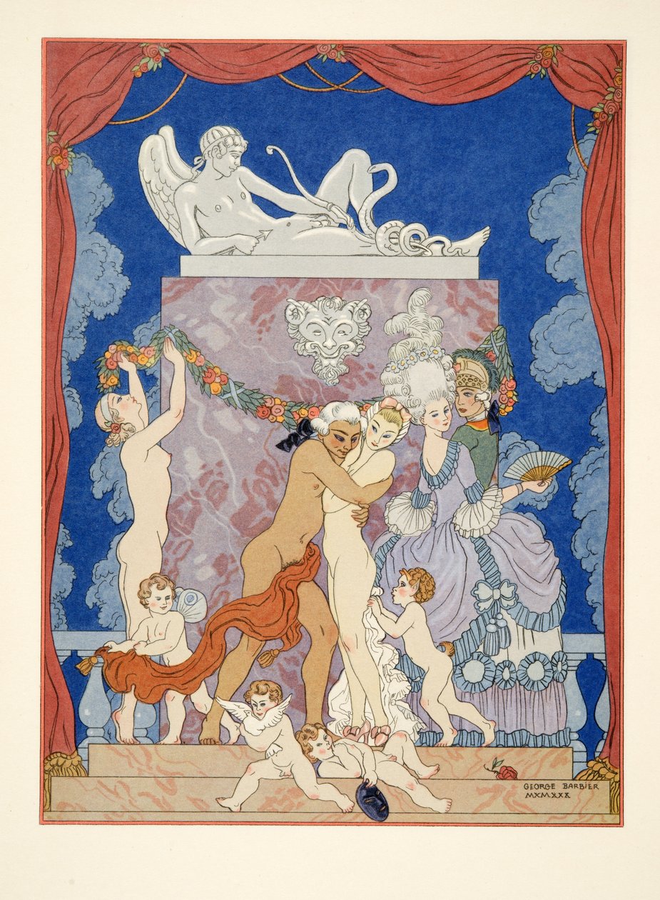 插图来自 Pierre Choderlos de Laclos（1741-1803）出版的《Les Liaisons Dangereuses》。 1934 年（模板印刷） 作者 乔治理发师
