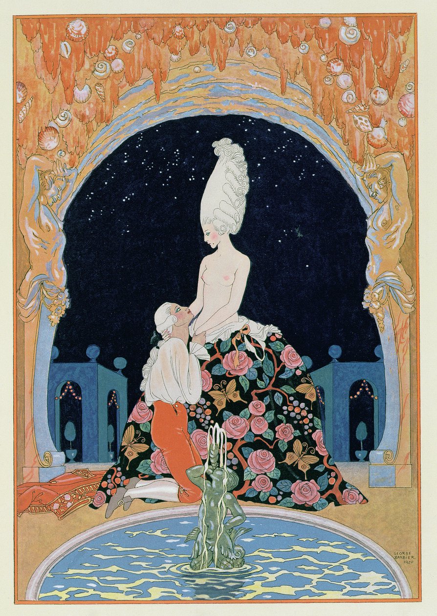 在石窟中，Paul Verlaine (1844-96) 1928 年为“Fetes Galantes”绘制的插图（pochoir 印刷品） 作者 乔治理发师