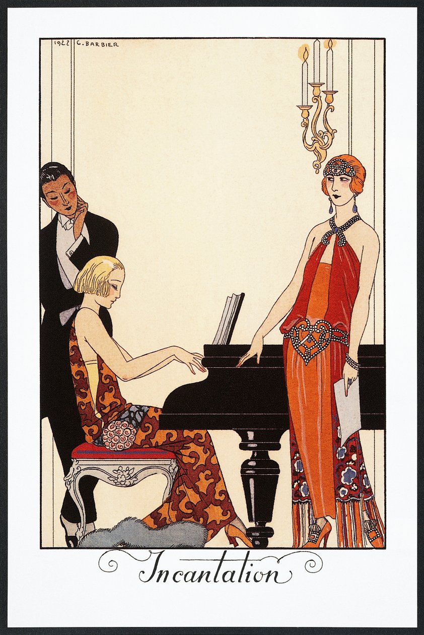 咒语，钢琴家和身着晚礼服的女子，插图选自《Falbalas et Fanfreluches》，1923 年年鉴 作者 乔治理发师