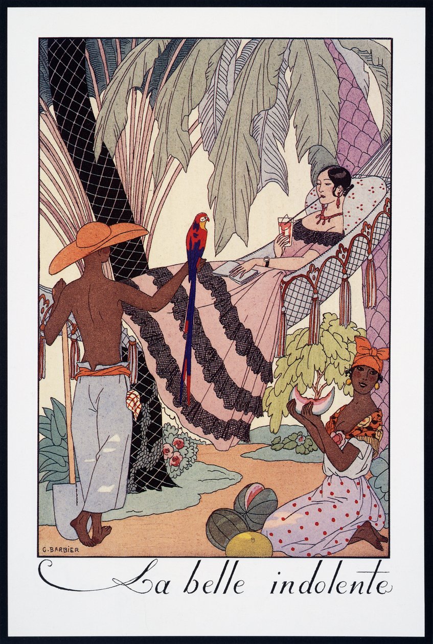 La Belle Indolente》，乔治-巴尔比耶（1882-1932 年）的石版画，选自《Falbalas et Fanfreluches》，《Almanach des Modes Presentes, Passees et Futures》，法国，20 世纪 作者 乔治理发师
