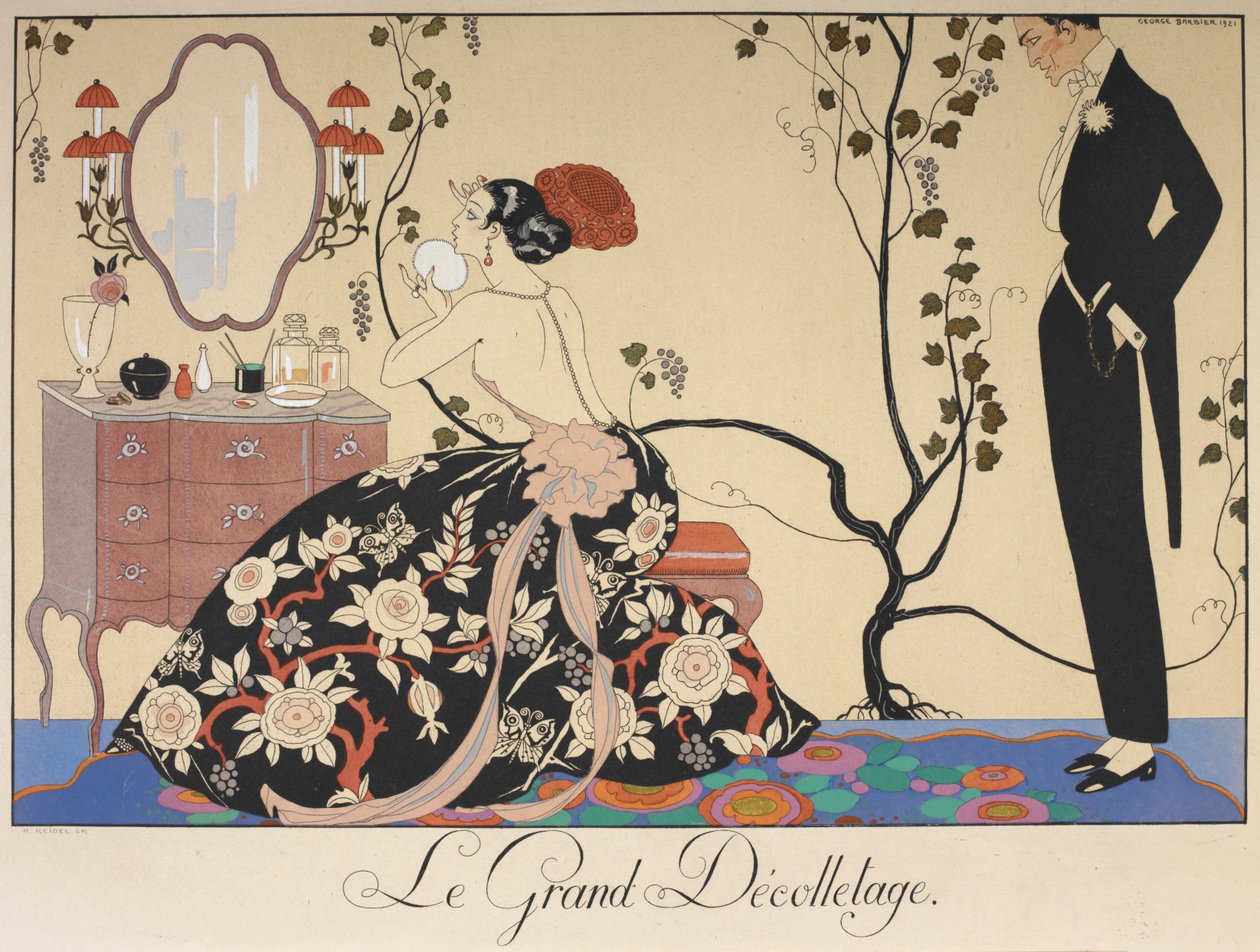 Le grand décolletage.一个女人坐在梳妆台前，被一个男人欣赏着。 作者 乔治理发师