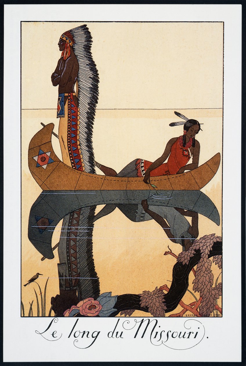 密苏里长河》，乔治-巴尔比耶（1882-1932 年）的石版画，选自 Falbalas et Fanfreluches, Almanach des Modes Presentes, Passees et Futures, 法国，20 世纪 作者 乔治理发师