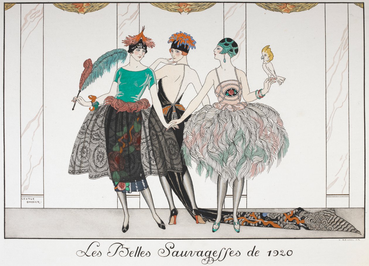 1920 年的《Les Belles Sauvagettes》。三个穿着异国情调连衣裙的女人排成一排。 作者 乔治理发师