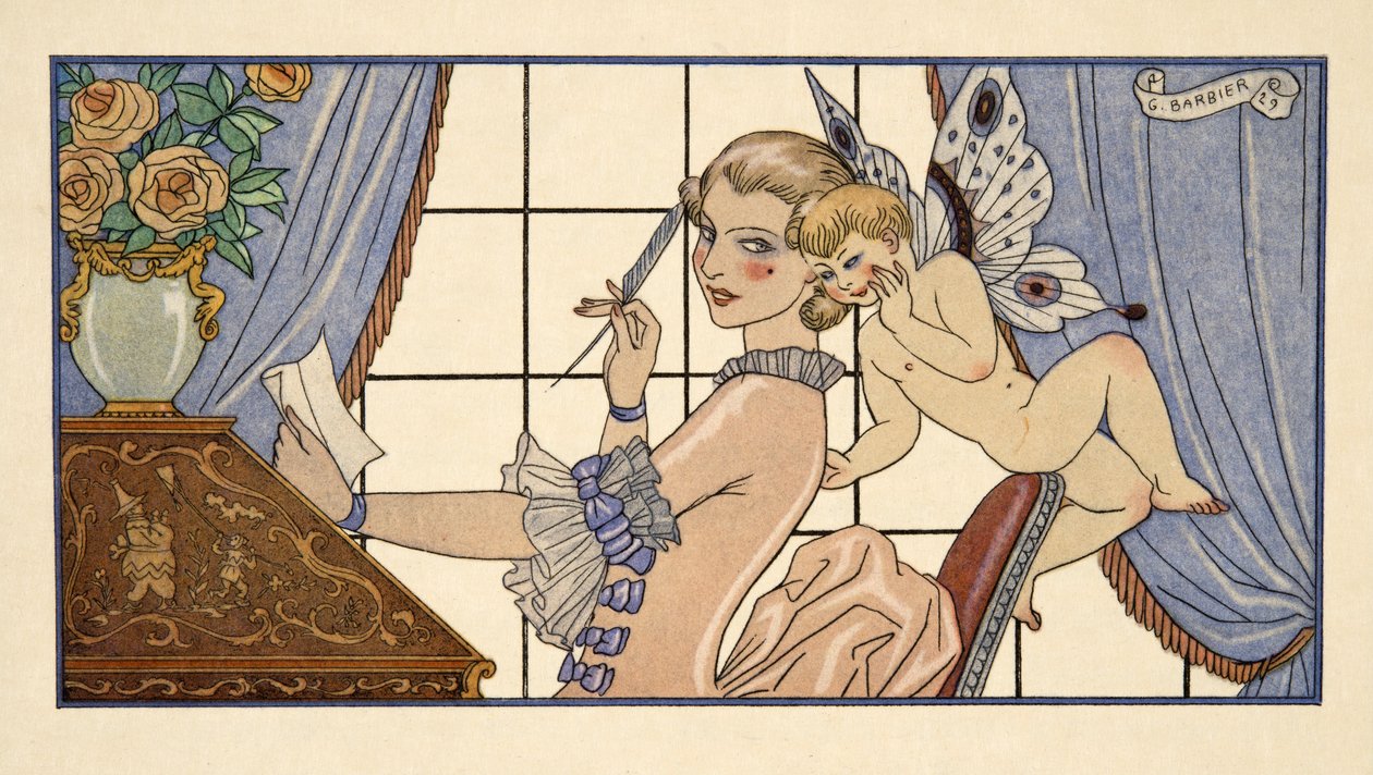 Lettre Premiere，选自 Pierre Chodlerlos de Laclos（1741-1803 年）的《Les Liaisons Dangereuses》，1934 年出版。1934 年（模板印刷） 作者 乔治理发师