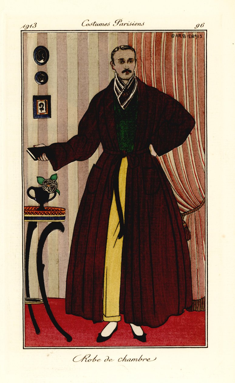 Man in dressing gown over yellow trousers and green waistcoat. Robe de chambre. Handcoloured pochoir (stencil) etching after an illustration by George Barbier from Tommaso Antongini’s Journal des Dames et des Modes, Aux Bureaux du Journal des Dames, Paris  作者 乔治理发师