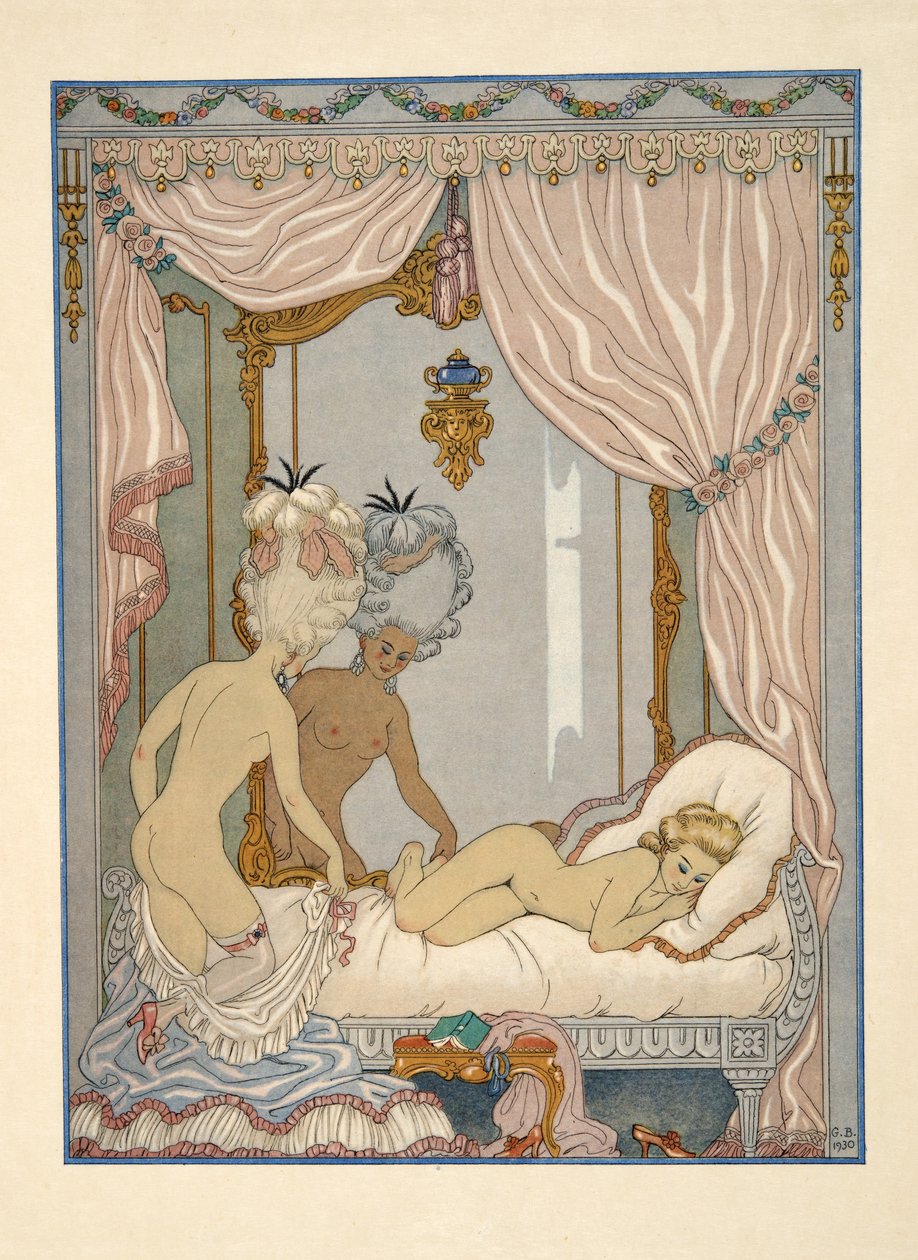 Marquise de Merteuil 参观 Cécile de Volanges 的寝宫，插图选自 Pierre Choderlos de Laclos（1741-1803 年）的《Les Liaisons Dangereuses》，1934 年出版。1934 年（模板印刷） 作者 乔治理发师