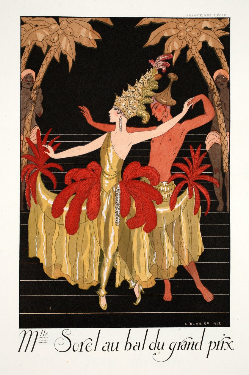 索蕾尔女士在大奖赛舞会上，选自《Falbalas  Fanfreluches, Almanach des Modes Présentes, Passées et Futures》。 作者 乔治理发师