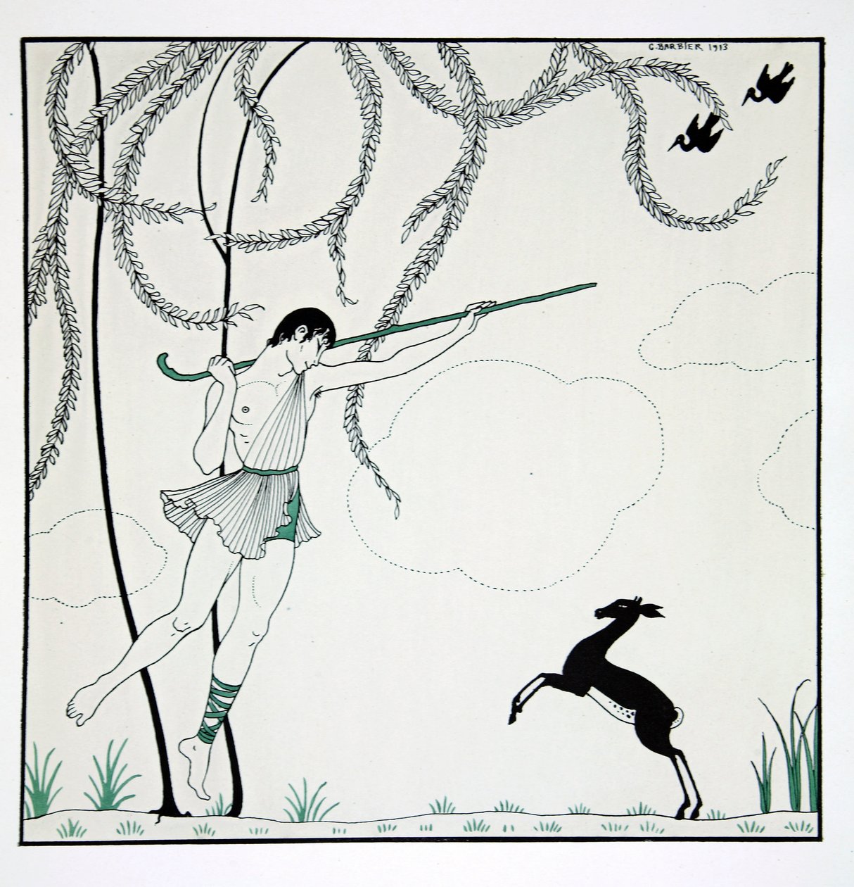 纳西斯，来自“瓦斯拉夫·尼金斯基的舞蹈设计”系列（1889-1950）。 乔治·巴比尔 (1882-1932)，Pochoir 版画 作者 乔治理发师