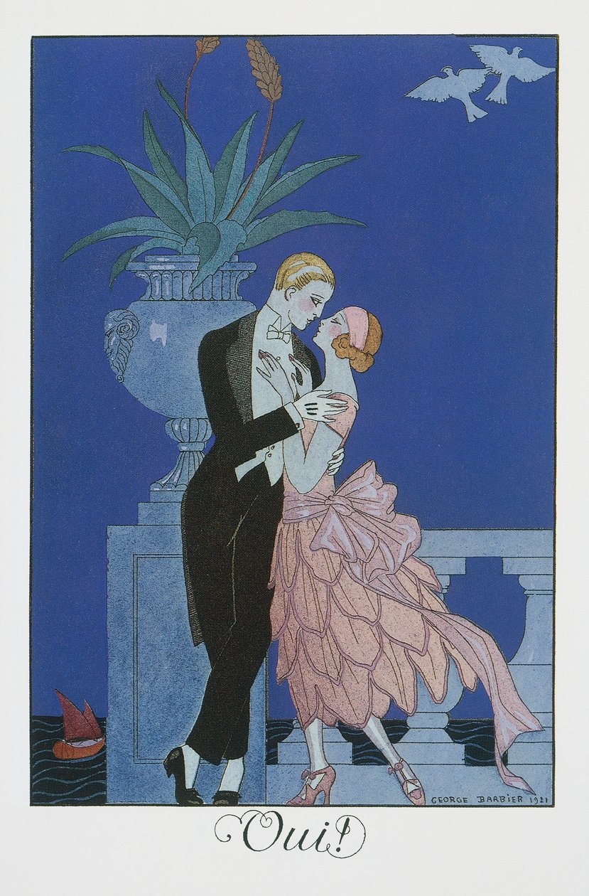 Oui，两位身着晚礼服的年轻未婚夫，乔治-巴尔比耶（1882-1932 年）的石版画，选自 Falbalas et Fanfreluches, Almanach des Modes Presentes, Passees et Futures 作者 乔治理发师
