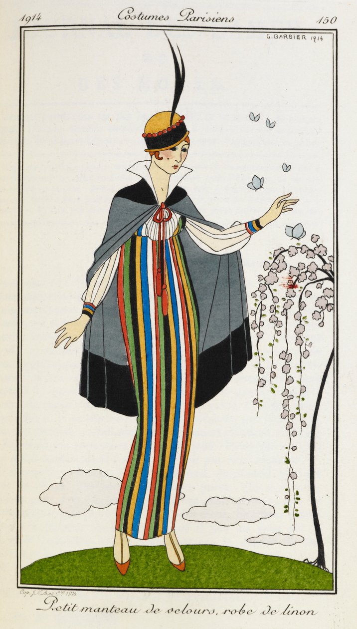 Petit manteau de velours, robe de linon.身着小天鹅绒斗篷的女子，搭配条纹亚麻连衣裙、橙色 T 形鞋和一顶黑红相间的帽子。巴黎服装 作者 乔治理发师