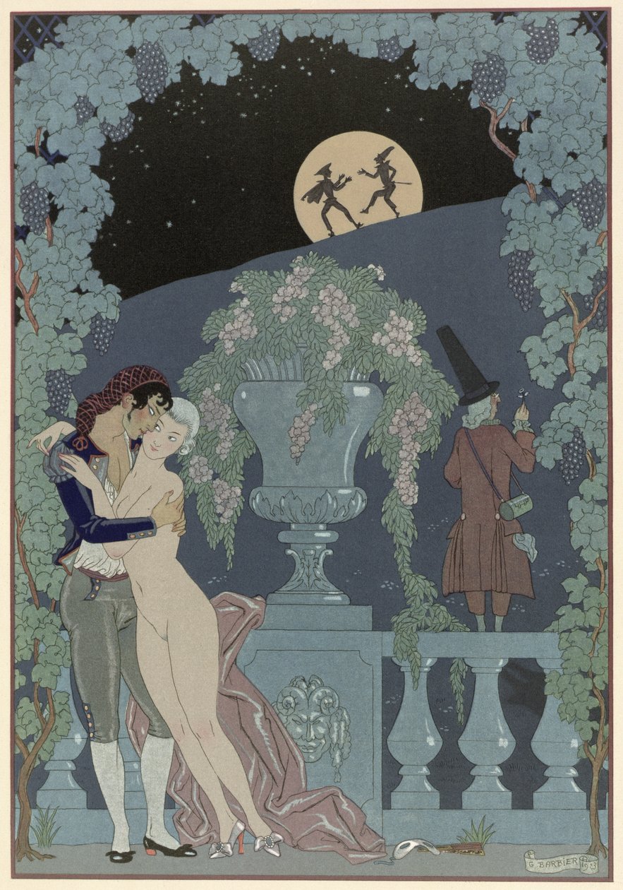 木偶，Paul Verlaine (1844-96) 1928 年为《Fetes Galantes》绘制的插图（模板印刷） 作者 乔治理发师