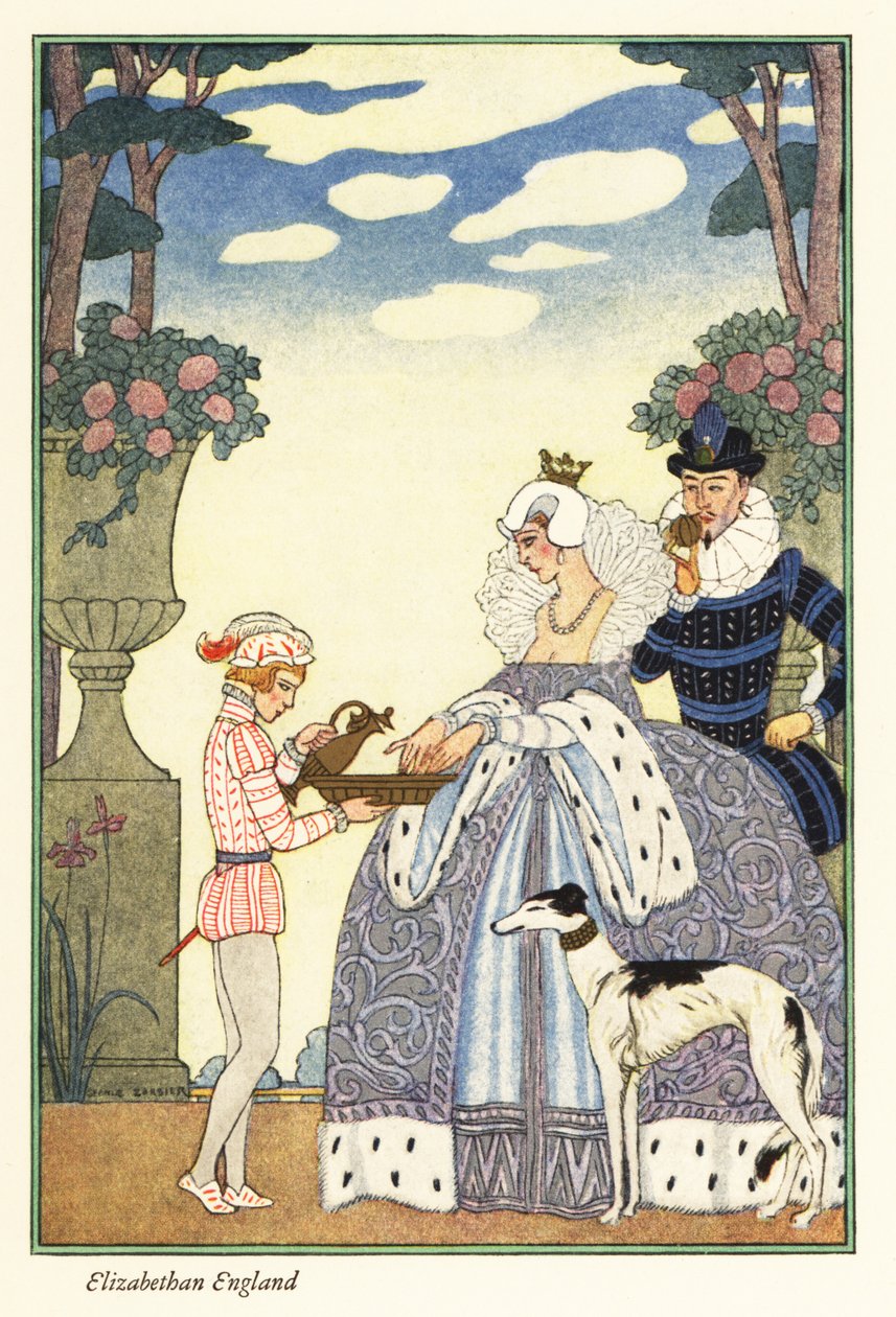 伊丽莎白女王在侍童端着的碗中洗手。1928 年（印刷品） 作者 乔治理发师