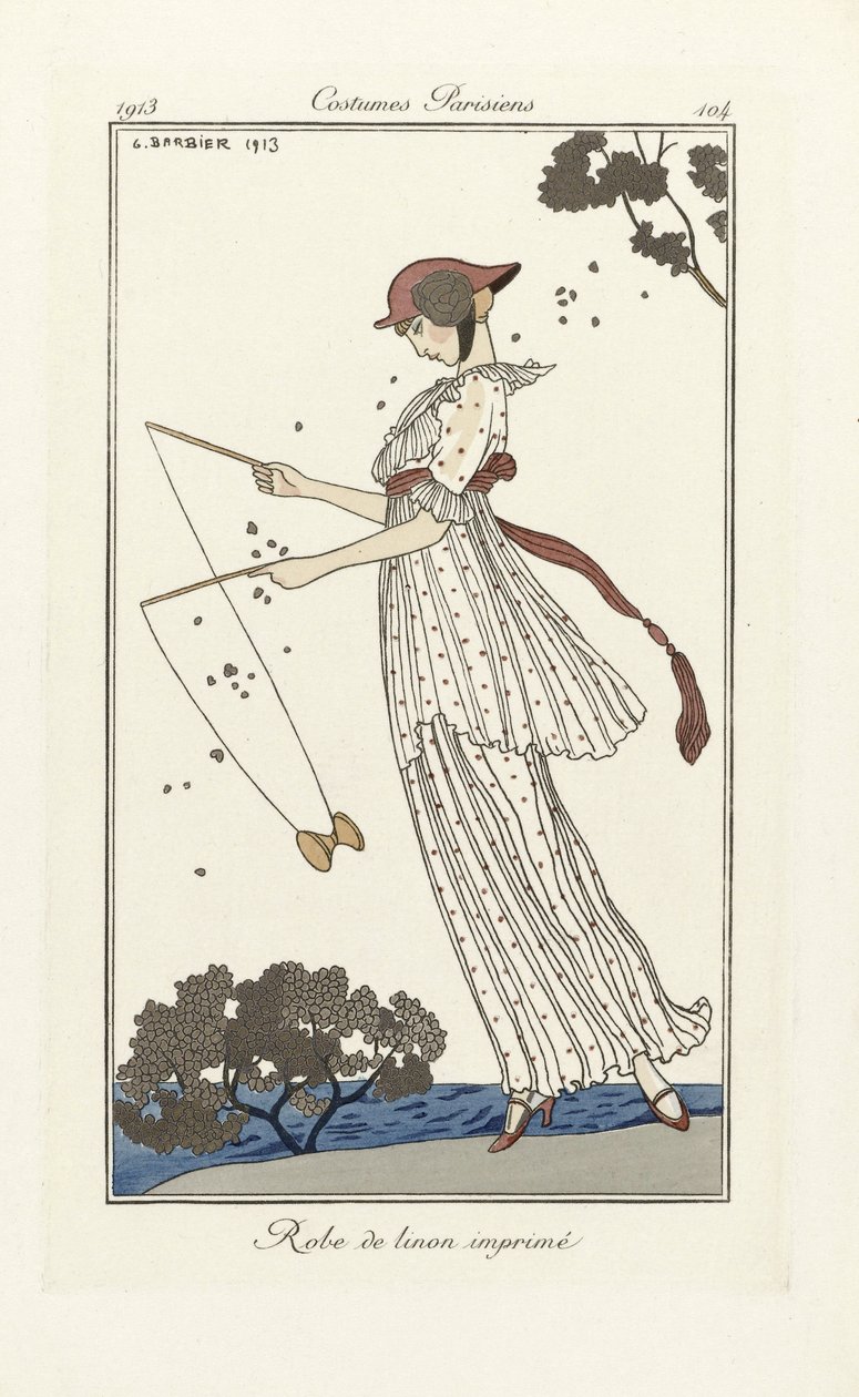 印花亚麻连衣裙，选自《巴黎服饰》，1913 年出版（模板印花）。 作者 乔治理发师