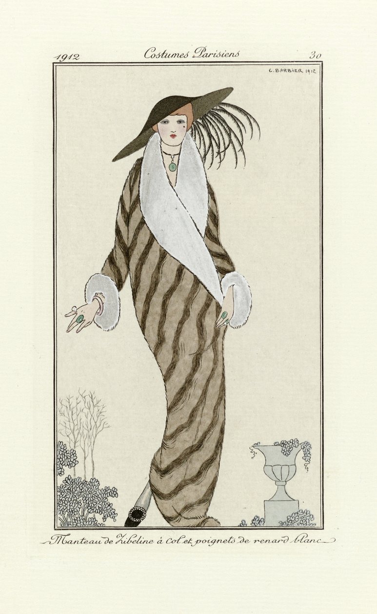镶白狐饰边的貂皮大衣，选自《巴黎服饰》，1912 年出版（pochoir 印花）。 作者 乔治理发师