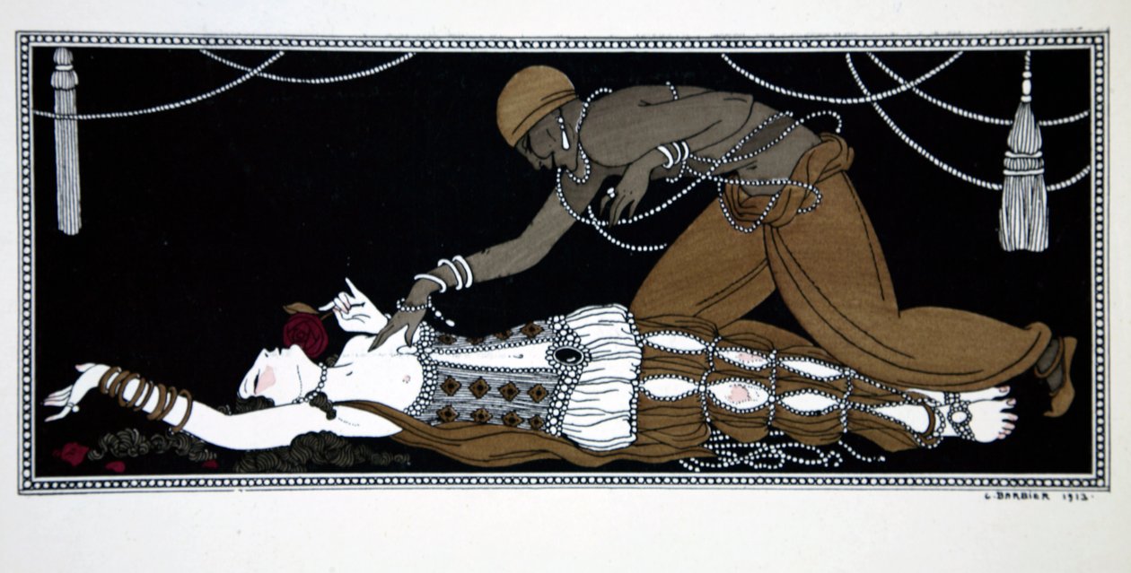 Scheherazade，选自 "瓦斯拉夫-尼金斯基舞蹈设计 "系列（1889-1950 年）。乔治-巴尔比耶（1882-1932 年），Pochoir 版画 作者 乔治理发师