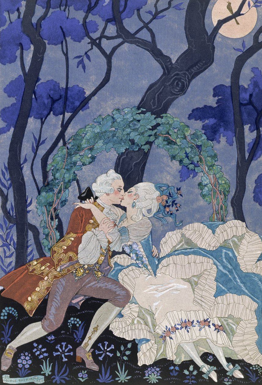 秘密之吻》，保罗-魏尔伦（1844-96）1928 年为《Fetes Galantes》创作的插图（pochoir 印刷品） 作者 乔治理发师