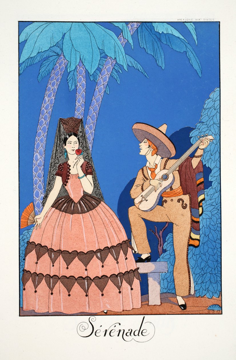 小夜曲，选自《Falbalas  Fanfreluches, Almanach des Modes Présentes, Passées et Futures》（《Falbalas 和褶边，现在、过去和未来时尚年鉴》）。 作者 乔治理发师
