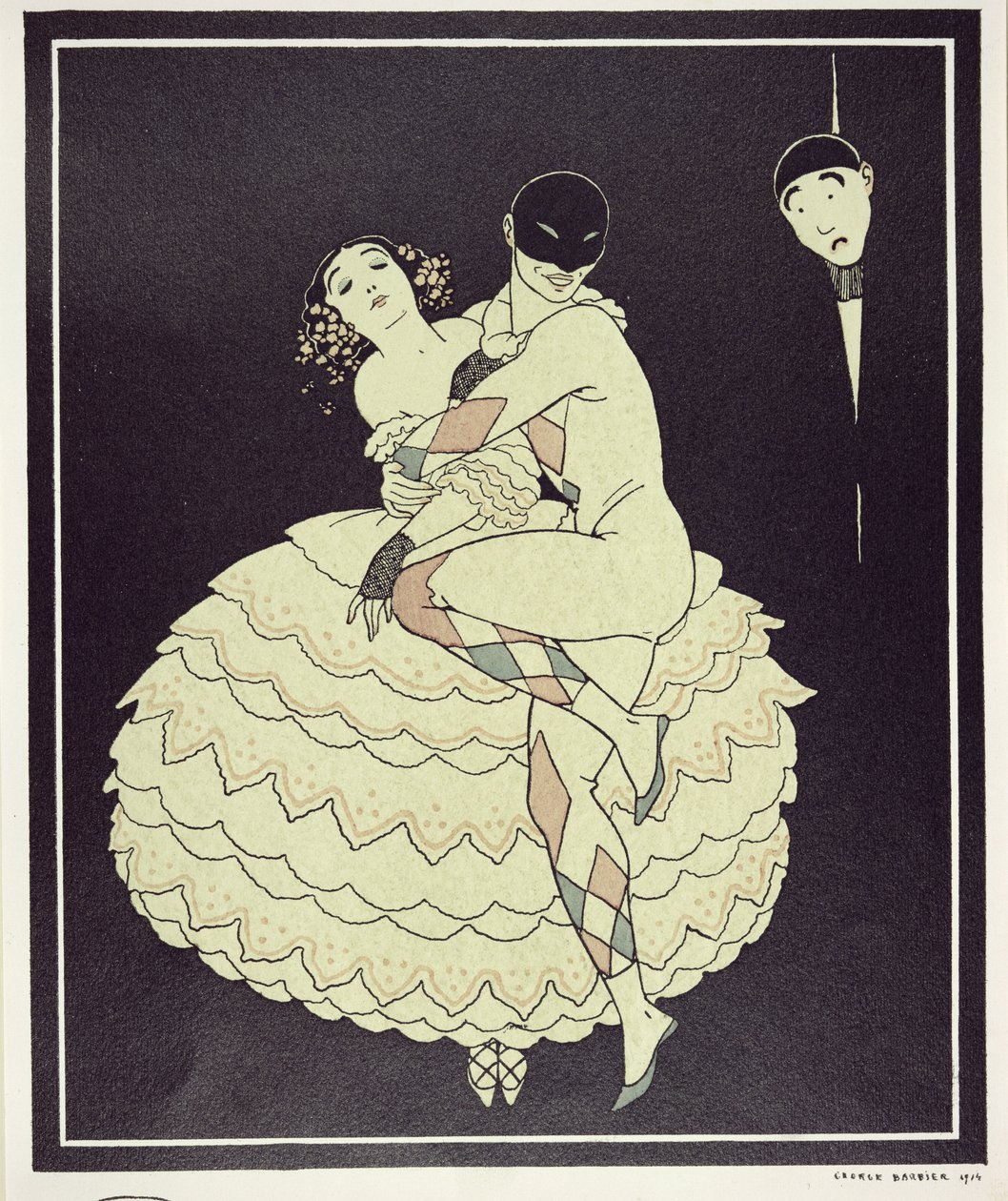 Tamara Karsavina（1885-1978）作为Columbine和Vaslav Nijinsky（1890-1950）饰演Harlequin，于1910年在Fokine的&39;Carnaval&39;中出演。 1914年（pochoir print） 作者 乔治理发师