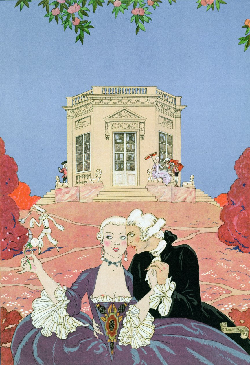The Indolents，Paul Verlaine (1844-96) 1928 年为《Fetes Galantes》绘制的插图（pochoir 印刷品） 作者 乔治理发师