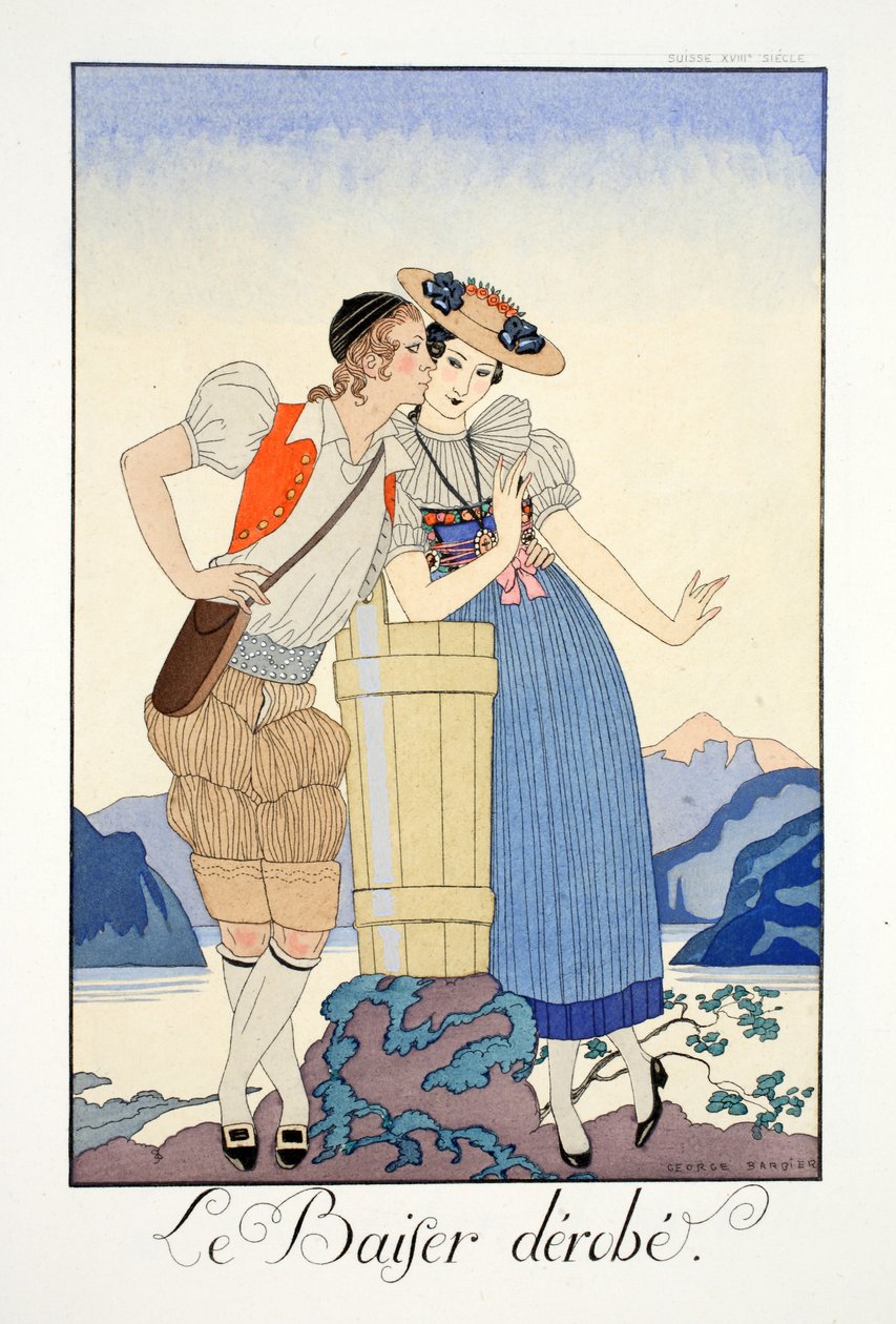被偷走的吻》，选自《Falbalas  Fanfreluches, Almanach des Modes Présentes, Passées et Futures》（《Falbalas  Frills, Almanach of Present, Past and Future Fashions》）。 作者 乔治理发师