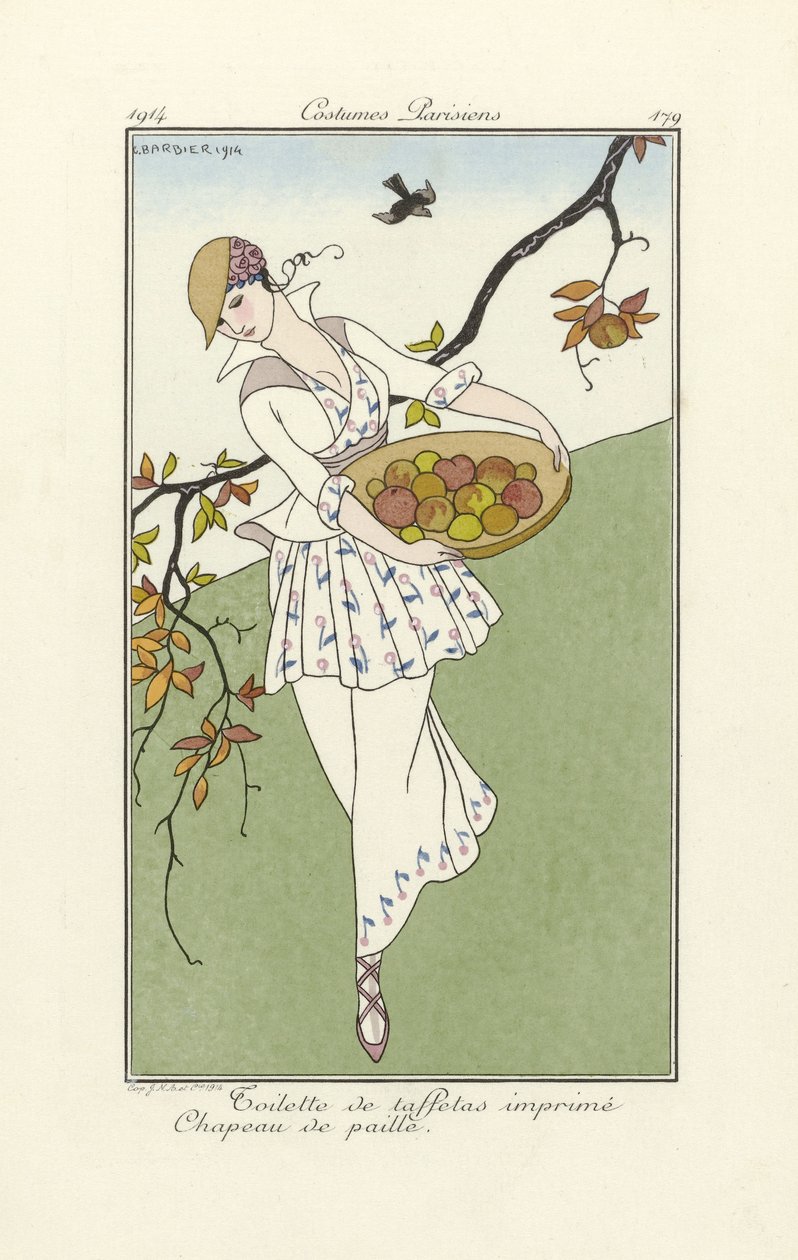 印花塔夫绸马桶，草帽，来自 Costume Parisiens，pub.1914（模板印刷） 作者 乔治理发师