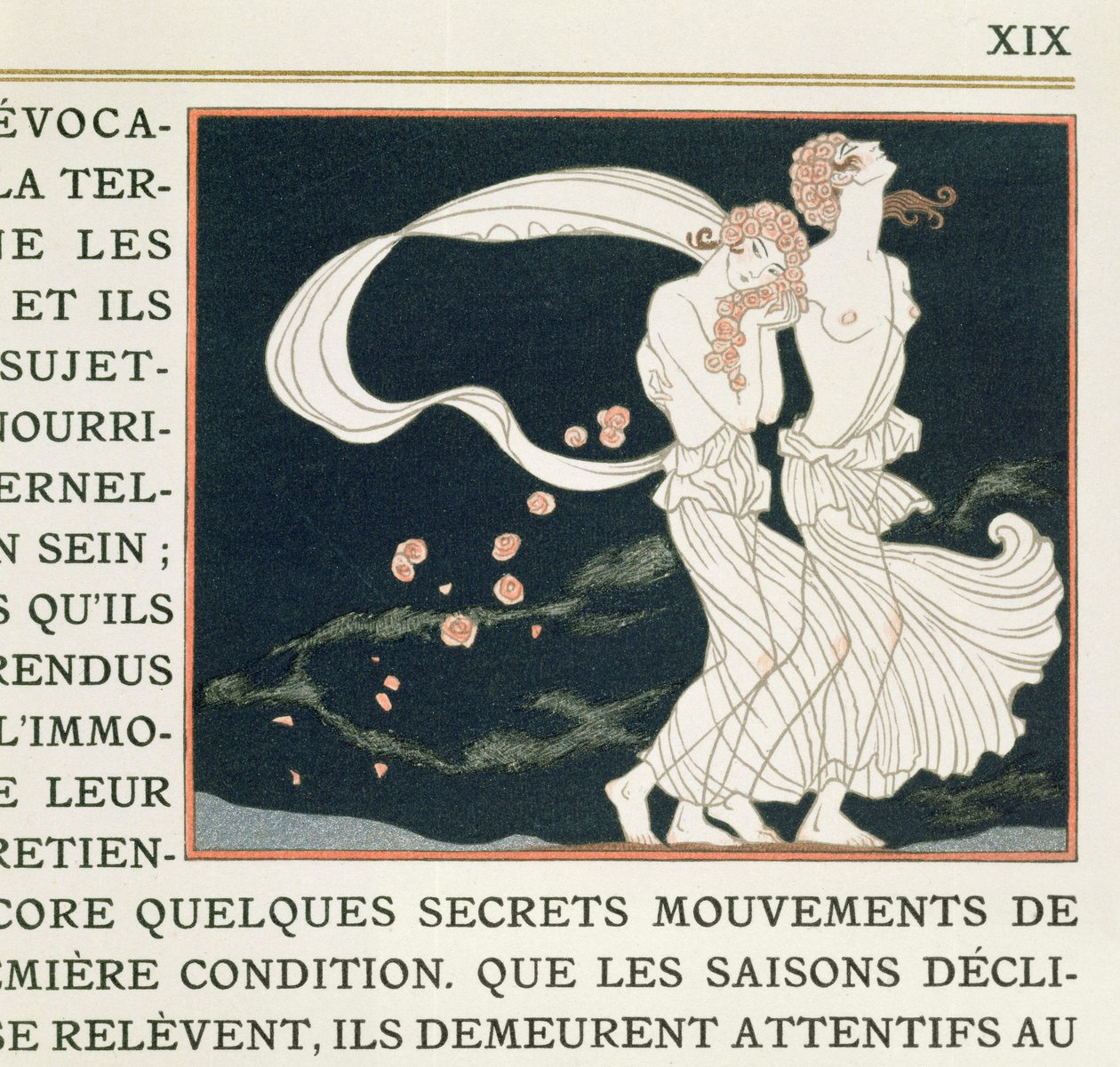 两个女孩穿着希腊风格的衣服，插图选自保罗-瓦莱里（1871-1945 年）1923 年出版的《神话》（pochoir 印刷品） 作者 乔治理发师
