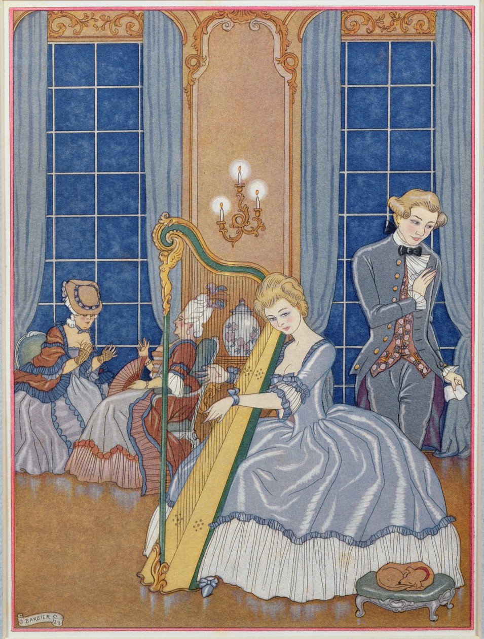 瓦尔蒙特引诱他的受害者，来自 Pierre Chodlerlos de Laclos (1741-1803) 1929 年《Les Liaisons Dangereuses》的插图（pochoir 印刷品） 作者 乔治理发师