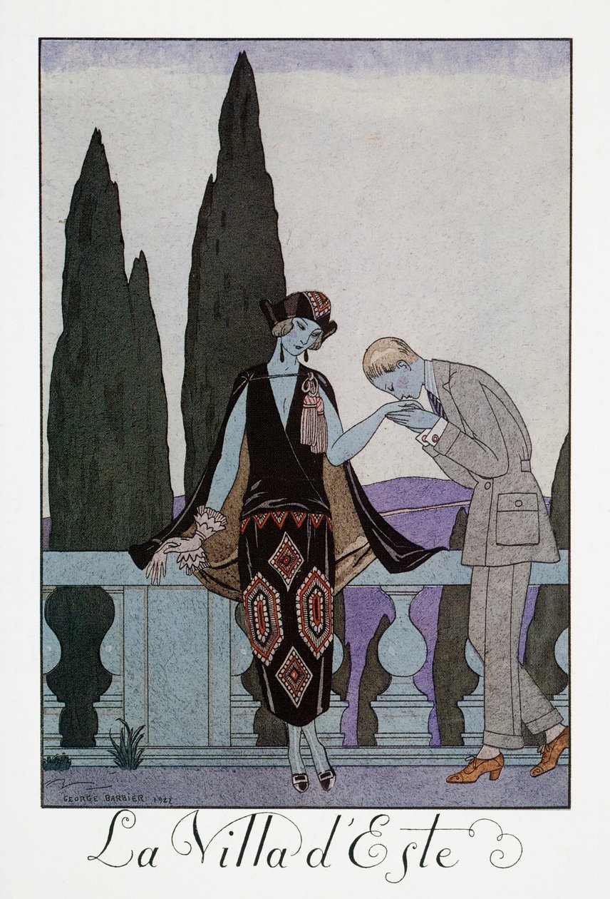 佛罗伦萨附近的埃斯特别墅，乔治-巴尔比耶（1882-1932 年）的石版画，选自 Falbalas et Fanfreluches, Almanach des Modes Presentes, Passees et Futures 作者 乔治理发师