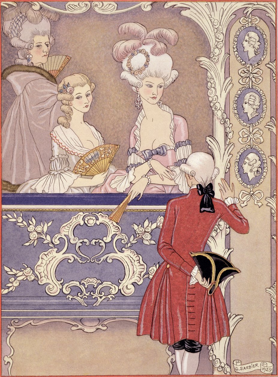 剧院包厢里的女人》，插图选自皮埃尔-乔德斯-德-拉克洛斯（1741-1803 年）的《危险关系》，1920 年代出版（pochoir 印刷品） 作者 乔治理发师