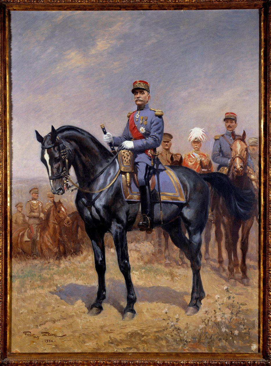 第一次世界大战："费迪南-福煦（1851-1929）法国马歇尔的马术肖像"，他身后是道格拉斯-海格、阿曼多-迪亚斯和马克西姆-韦冈。乔治-贝尔坦-斯科特（1873-1942）的画作，名为斯科特-德-普拉尼奥尔1930年的太阳。1,25x0,92米，巴黎，Musee d 作者 乔治·贝尔汀·斯科特