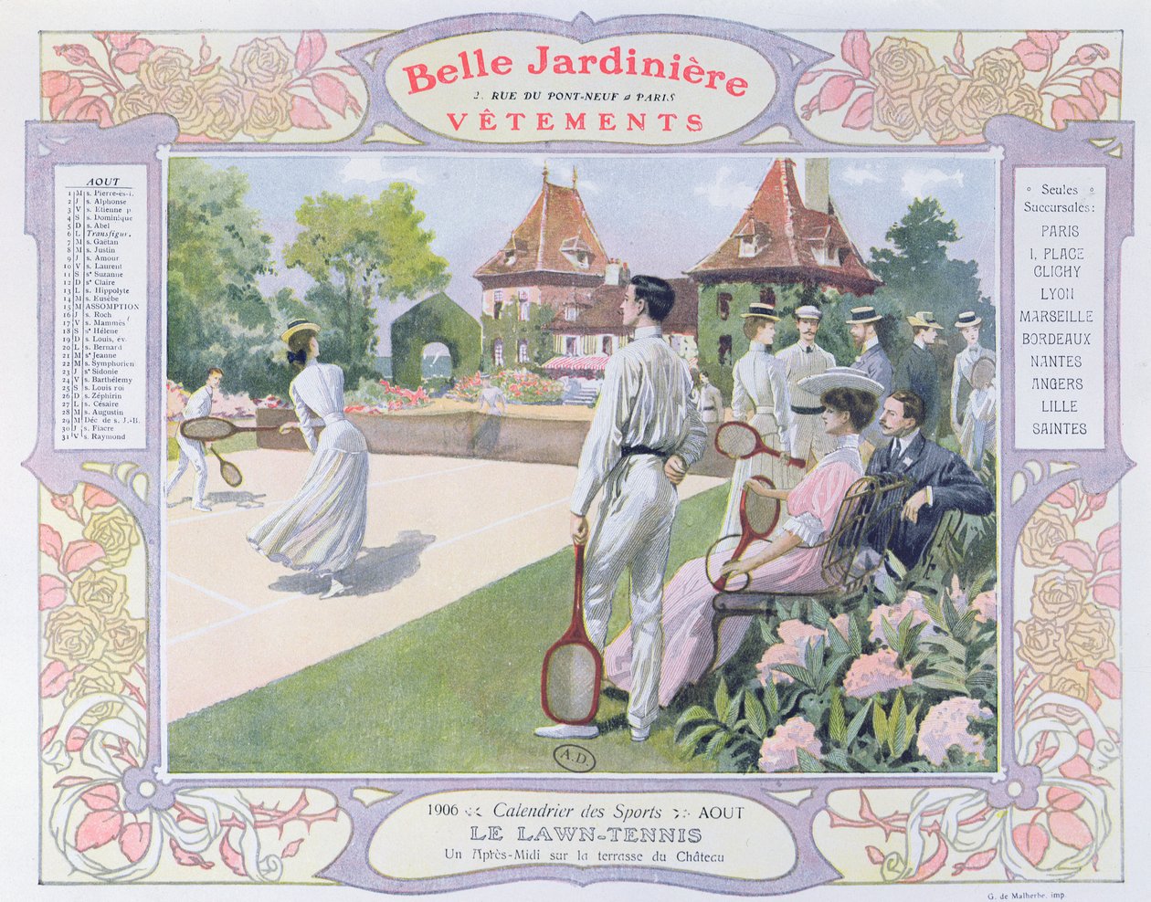 草地网球，8月的例证从衣裳商店&39;La Belle Jardiniere&39;的日历，1906年 作者 乔治·贝尔汀·斯科特