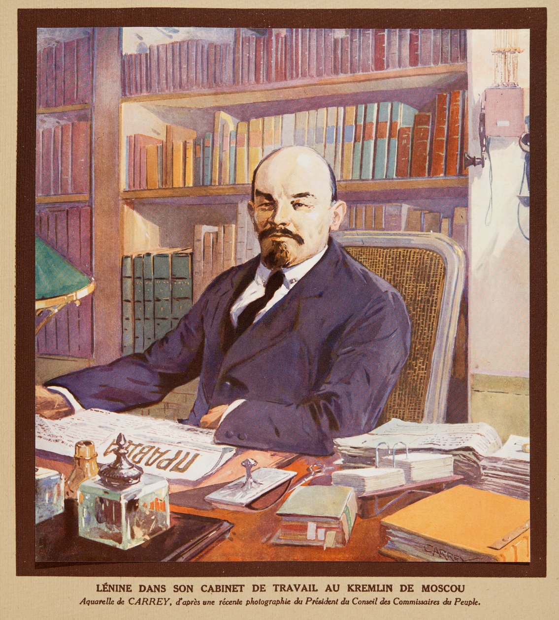 列宁在莫斯科克里姆林宫的办公室，选自《苏维埃史》，1922 年出版（彩色平版）。1922 年（彩色石印） 作者 乔治·凯瑞