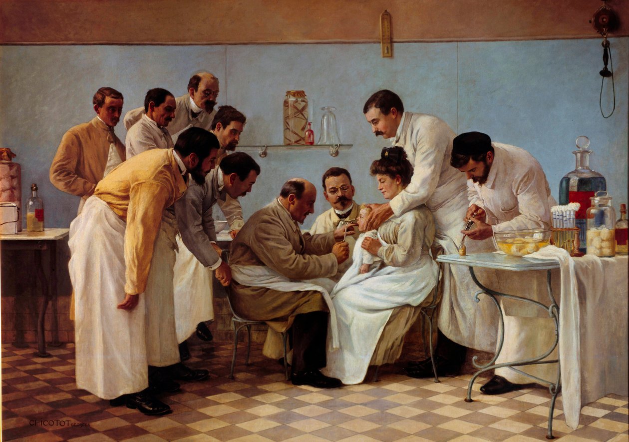 医学：““套管”“” 插入一根管子有一个白喉孩子。 Georges Chicotot（活跃于 1899 年至 1907 年之间）的绘画。 20世纪的太阳。 1,3x1,8 m Musee de l